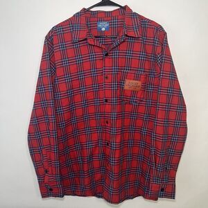 Angry Orchard Hard Cider Button Up Flannel Shirt Mens Size L Large Plaid Red